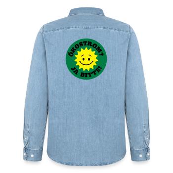 green power yes please, nuclear power no thanks, - Men’s Organic Denim Shirt by Stanley/Stella - light wash - Back - AI Model Male 185 light (185cm)