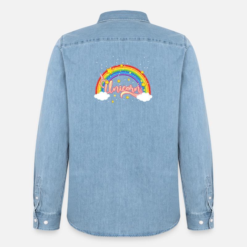 Bunter Regenbogen mit Einhornschriftzug - Männer Jeanshemd Organic von Stanley/Stella - verwaschenes Hellblau