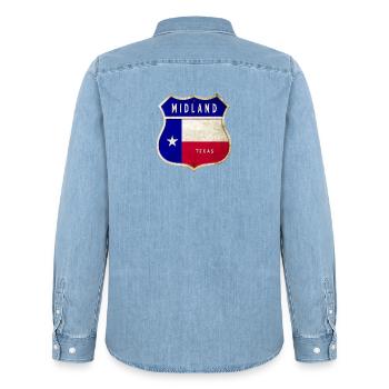 Design du drapeau Midland Texas - Chemise en denim homme bio Stanley/Stella - bleu clair délavé - Dos - AI Model Male 185 light (185cm)