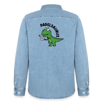 Dinosaur Padel Player Racket Ball Dire - Chemise en denim homme bio Stanley/Stella - bleu clair délavé - Dos - AI Model Male 185 light (185cm)
