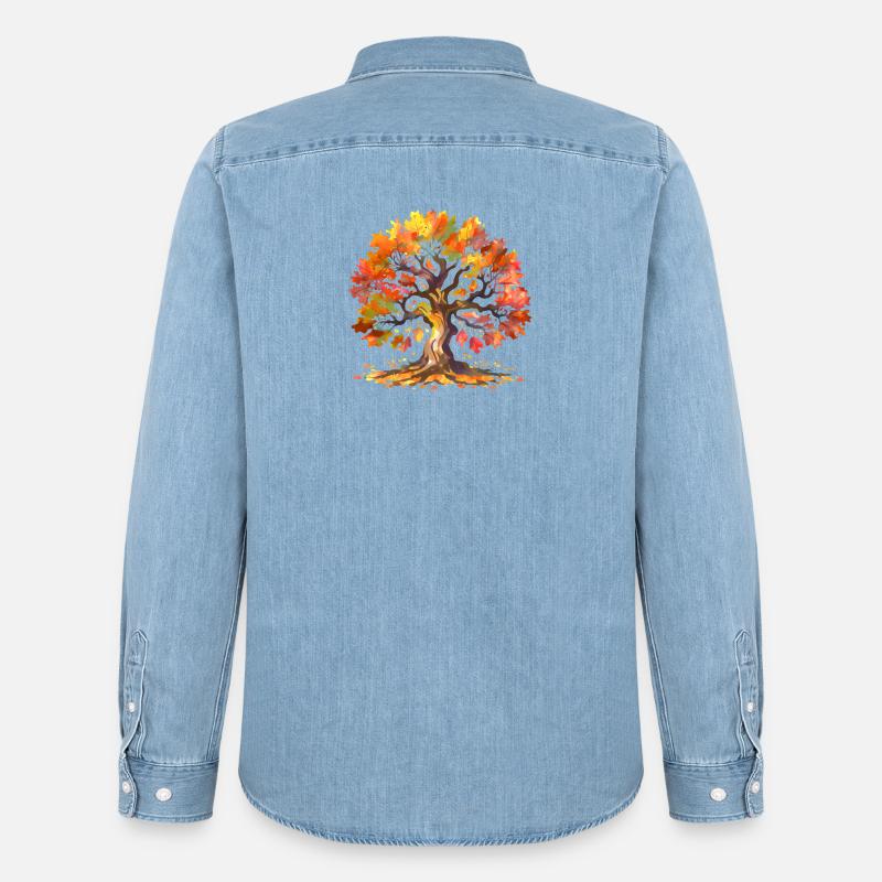Eiche mit Herbstlaub Aquarell - Männer Jeanshemd Organic von Stanley/Stella - verwaschenes Hellblau
