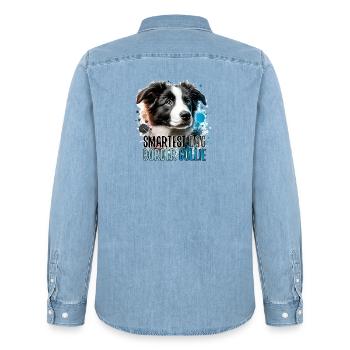 Border Collie chiot le plus intelligent chien cadeau - Chemise en denim homme bio Stanley/Stella - bleu clair délavé - Dos - AI Model Male 185 light (185cm)