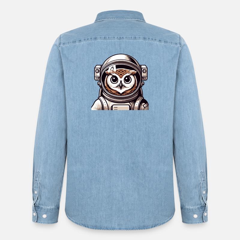 Eine Astronauten-Eule im Cartoon-Stil - Männer Jeanshemd Organic von Stanley/Stella - verwaschenes Hellblau