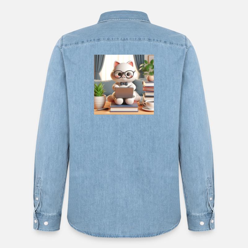 3D-Computer-Katze - Männer Jeanshemd Organic von Stanley/Stella - verwaschenes Hellblau
