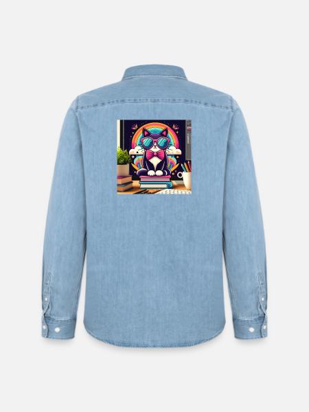 Studious cat with glasses - Men’s Organic Denim Shirt by Stanley/Stella - light wash