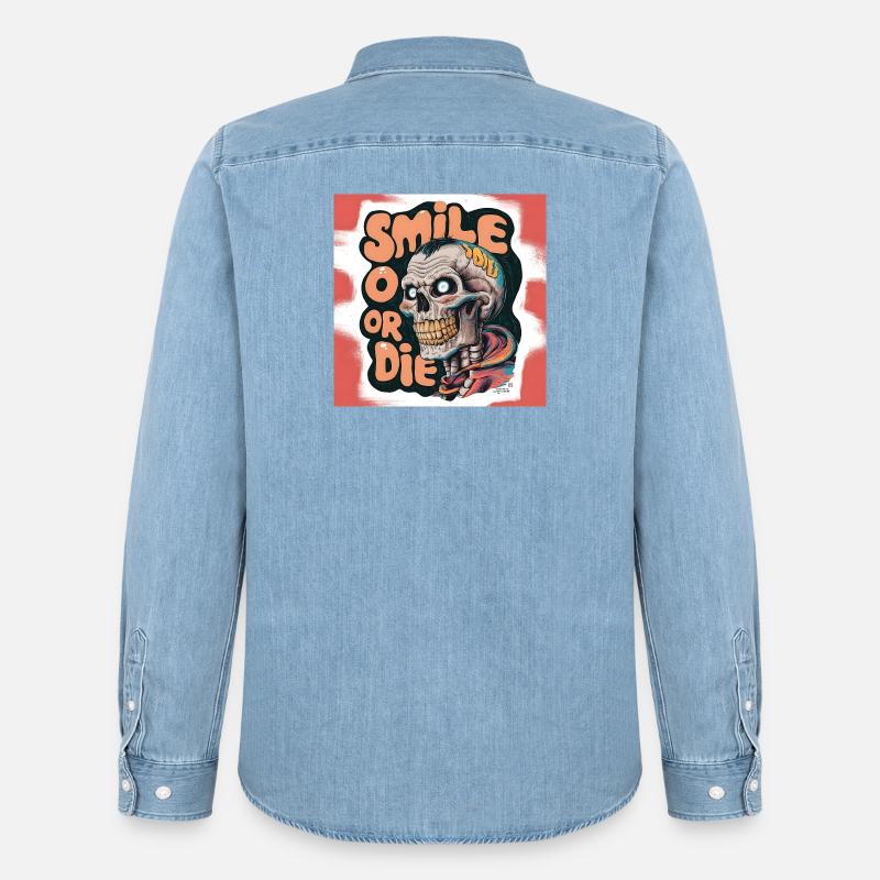 Kahlköpfiges Skelett mit lächelndem Text - Männer Jeanshemd Organic von Stanley/Stella - verwaschenes Hellblau