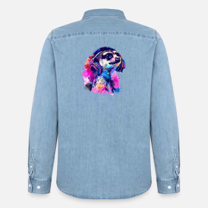 Erdmännchen Erdhündchen Scharrtier mit Kopfhörer - Männer Jeanshemd Organic von Stanley/Stella - verwaschenes Hellblau