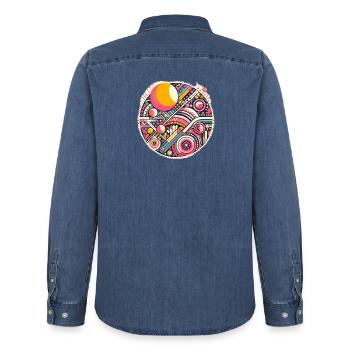 Neon Geometry — Orbit Bloom - Männer Jeanshemd Organic von Stanley/Stella - verwaschenes Mittelblau  - Hinten - AI Model Male 185 light (185cm)