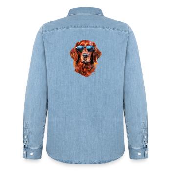 Setter irlandais avec lunettes de soleil - Chemise en denim homme bio Stanley/Stella - bleu clair délavé - Dos - AI Model Male 185 light (185cm)