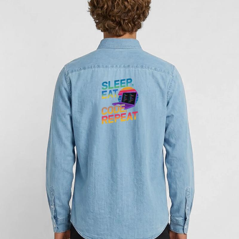 Sleep Eat Code Repeat Gift pour Coder Chemise en denim homme bio Stanley/Stella