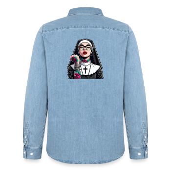 Religieuse avec tatouage - Chemise en denim homme bio Stanley/Stella - bleu clair délavé - Dos - AI Model Male 185 light (185cm)