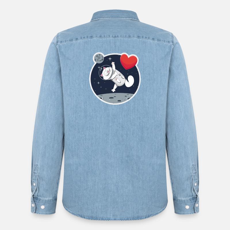 Einsame Astronautin Katze fängt Herz - Männer Jeanshemd Organic von Stanley/Stella - verwaschenes Hellblau