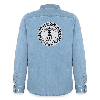 Phare de Moin Moin – Conception côtière maritime - Chemise en denim homme bio Stanley/Stella - bleu clair délavé - Dos - AI Model Male 185 light (185cm)