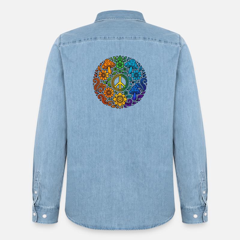 Psychedelisches Peace-Zeichen im Regenbogenstil - Männer Jeanshemd Organic von Stanley/Stella - verwaschenes Hellblau