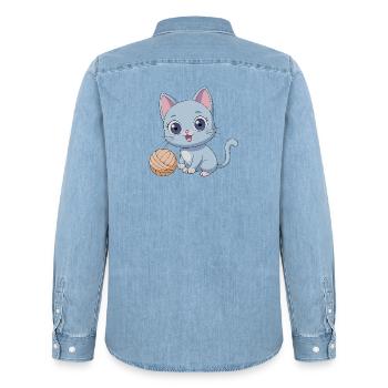 Chaton bleu joueur avec pelote de laine - Chemise en denim homme bio Stanley/Stella - bleu clair délavé - Dos - AI Model Male 185 light (185cm)