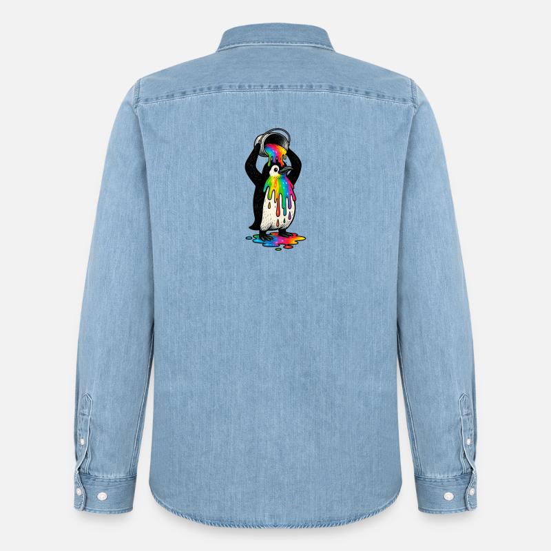 Bunter Pinguin mit Farbeimer - Männer Jeanshemd Organic von Stanley/Stella - verwaschenes Hellblau