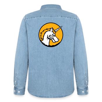 Unicorn Evil Angry Attack Teeth Grinding Sour - Men’s Organic Denim Shirt by Stanley/Stella - light wash - Back - AI Model Male 185 light (185cm)