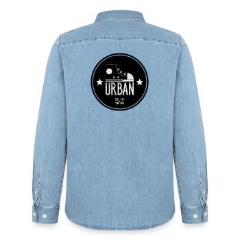 Urban Style Badge Featuring Red Sneaker and Bold - Men’s Organic Denim Shirt by Stanley/Stella - light wash - Back - AI Model Male 185 light (185cm)