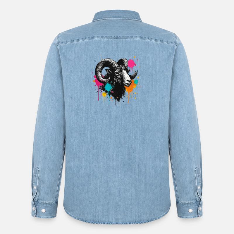 Widderkopf Graffiti Farbexplosion - Männer Jeanshemd Organic von Stanley/Stella - verwaschenes Hellblau