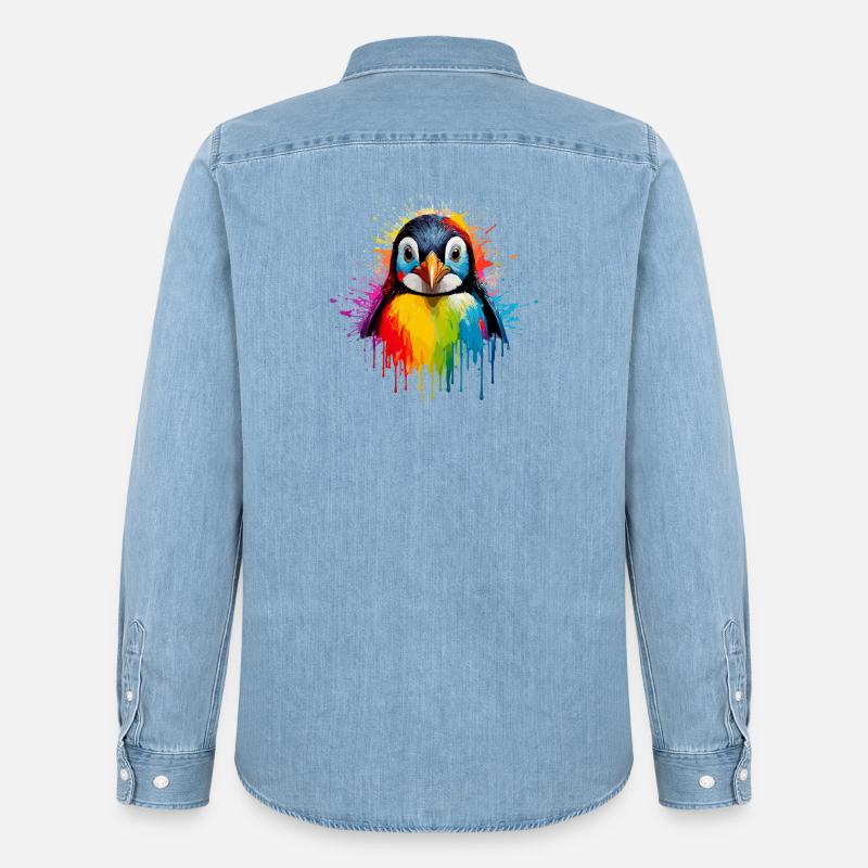 Rainbow Pinguin Spritzkunst - Männer Jeanshemd Organic von Stanley/Stella - verwaschenes Hellblau