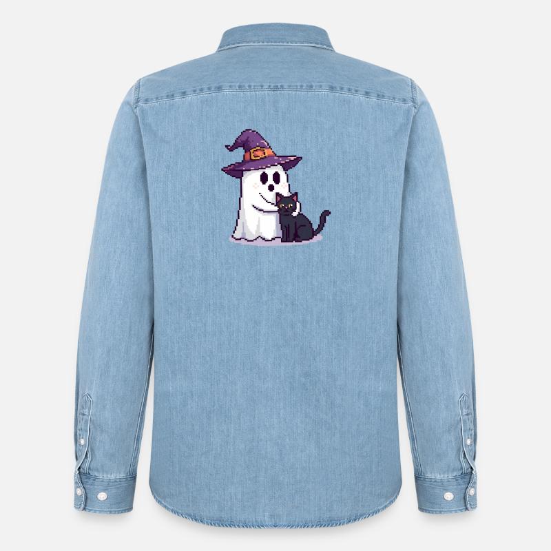 Pixel Geist mit Hexenhut & Katze – Halloween - Männer Jeanshemd Organic von Stanley/Stella - verwaschenes Hellblau