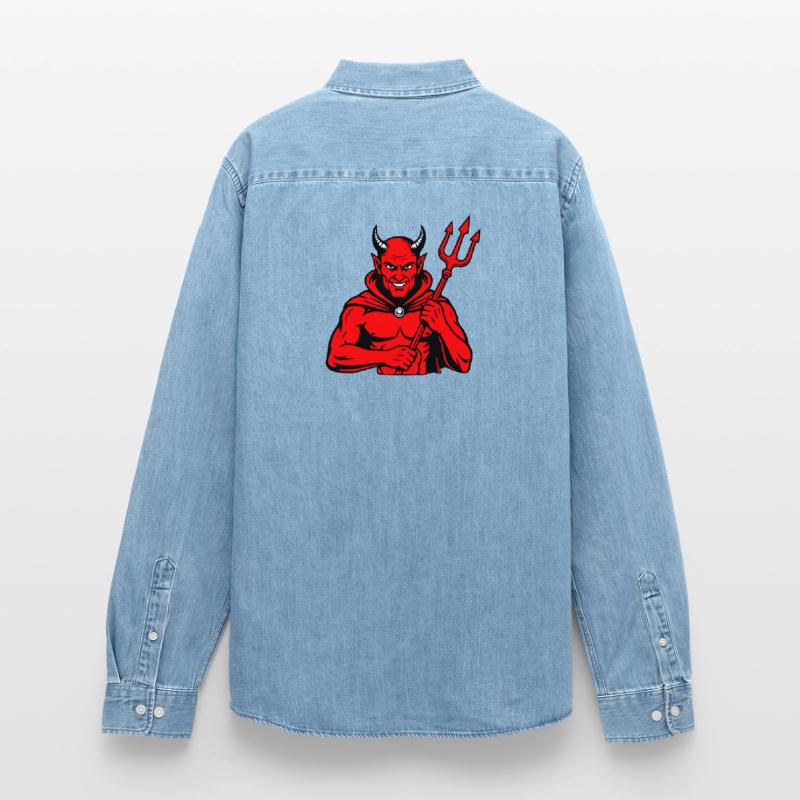 Devil Trident Satan Hell Evil Horns Horror Men’s Organic Denim Shirt by Stanley/Stella