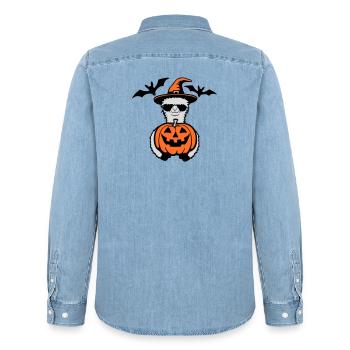 Lama Cool Halloween Pumpkin Sunglasses Witch Hat - Men’s Organic Denim Shirt by Stanley/Stella - light wash - Back - AI Model Male 185 light (185cm)
