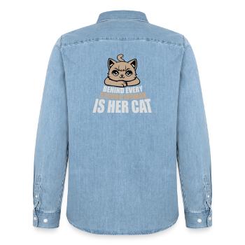 Behind Every Strong Woman Is Her Cat Spruch Katze - Men’s Organic Denim Shirt by Stanley/Stella - light wash - Back - AI Model Male 185 light (185cm)