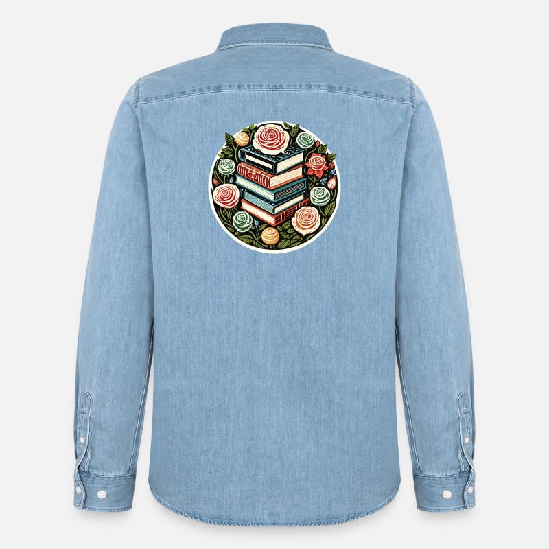 Florales Book Stack Emblem - Männer Jeanshemd Organic von Stanley/Stella - verwaschenes Hellblau