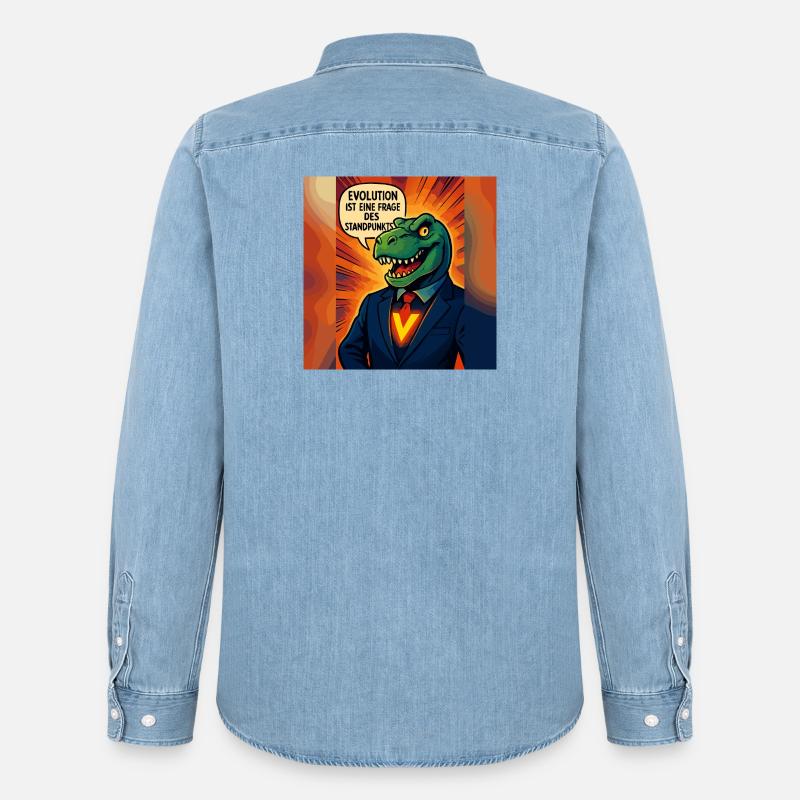 Dino im Anzug – Evolution ist Ansichtssache - Männer Jeanshemd Organic von Stanley/Stella - verwaschenes Hellblau