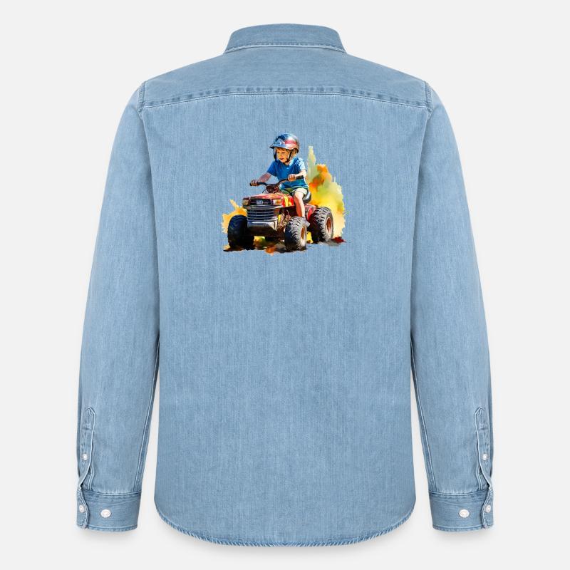 Junge auf Spielzeugtraktor mit Farbspritzer - Männer Jeanshemd Organic von Stanley/Stella - verwaschenes Hellblau