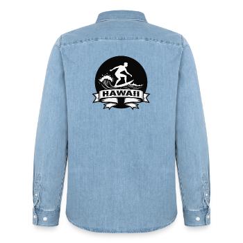 Surfer Hawaii Wave Banner - Men’s Organic Denim Shirt by Stanley/Stella - light wash - Back - AI Model Male 185 light (185cm)