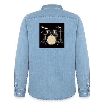 Black Silver Drumset Illustration - Men’s Organic Denim Shirt by Stanley/Stella - light wash - Back - AI Model Male 185 light (185cm)