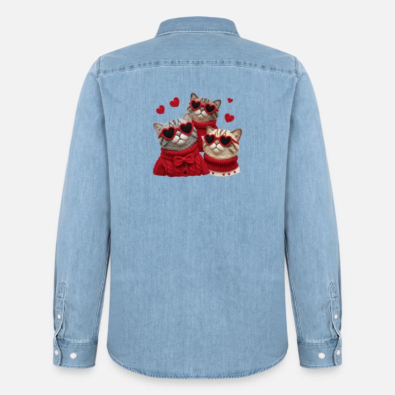 Valentins Katzen Mit Herzbrillen Und Pullis - Männer Jeanshemd Organic von Stanley/Stella - verwaschenes Hellblau