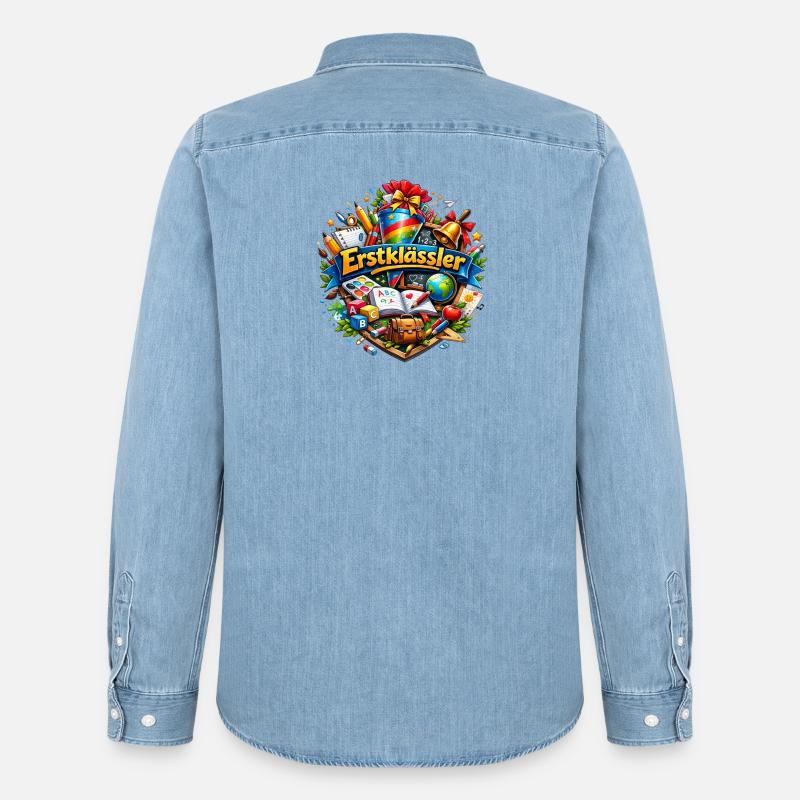 Logo del Mondo dell'Apprendimento della Prima Elementare - Camicia in denim uomo bio di Stanley/Stella - azzurro chiaro slavato