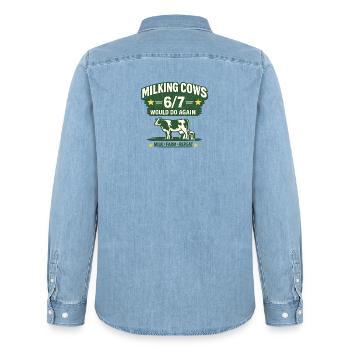 Milking Cows 6/7 Farmer Humor Farm Shirt - Men’s Organic Denim Shirt by Stanley/Stella - light wash - Back - AI Model Male 185 light (185cm)