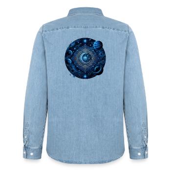 Space Planets Galaxies Stars Moons - Men’s Organic Denim Shirt by Stanley/Stella - light wash - Back - AI Model Male 185 light (185cm)