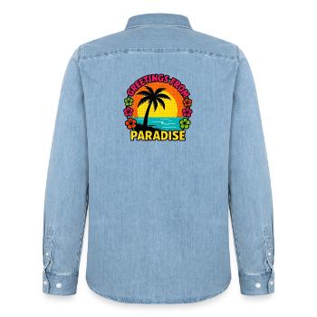 Greetings From Paradise - Men’s Organic Denim Shirt by Stanley/Stella - light wash - Back - AI Model Male 185 light (185cm)