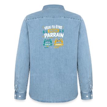 Veux-tu être mon parrain, Demande parrain gamer - Chemise en denim homme bio Stanley/Stella - bleu clair délavé - Dos - AI Model Male 185 light (185cm)