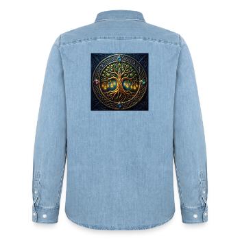 Mystic Tree mit Juwelen und Knoten - Männer Jeanshemd Organic von Stanley/Stella - verwaschenes Hellblau - Hinten - AI Model Male 185 light (185cm)