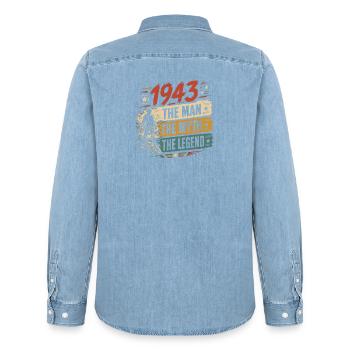 Birthday Born In 1943 Man Myth Legend - Men’s Organic Denim Shirt by Stanley/Stella - light wash - Back - AI Model Male 185 light (185cm)