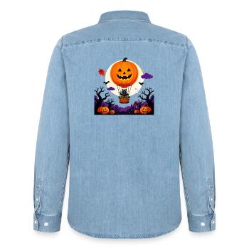 Kürbisballon-Katzen-Halloween-Szene - Männer Jeanshemd Organic von Stanley/Stella - verwaschenes Hellblau - Hinten - AI Model Male 185 light (185cm)