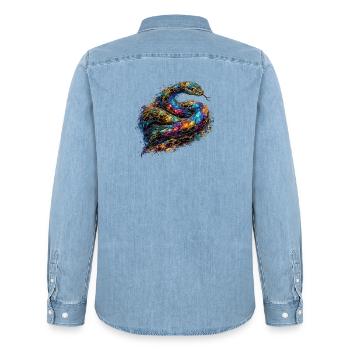 Celestial Serpent - Men’s Organic Denim Shirt by Stanley/Stella - light wash - Back - AI Model Male 185 light (185cm)