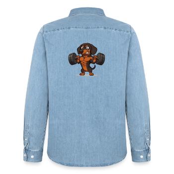Fitness dachshund – powerhouse in the gym - Men’s Organic Denim Shirt by Stanley/Stella - light wash - Back - AI Model Male 185 light (185cm)