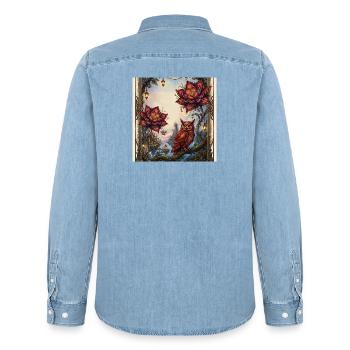 Flower and Steam Owl - Men’s Organic Denim Shirt by Stanley/Stella - light wash - Back - AI Model Male 185 light (185cm)