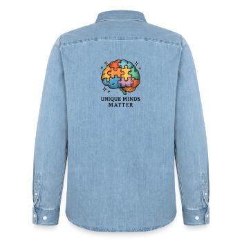 Colorful Puzzle Brain: Unique Minds - Men’s Organic Denim Shirt by Stanley/Stella - light wash - Back - AI Model Male 185 light (185cm)