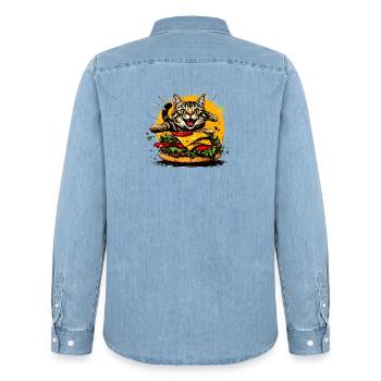Cat with Big Burger – Funny Fast Food Art - Men’s Organic Denim Shirt by Stanley/Stella - light wash - Back - AI Model Male 185 light (185cm)