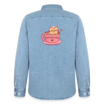 Katzen-Puccino Süße getigerte Katze in Kaffeetasse - Männer Jeanshemd Organic von Stanley/Stella - verwaschenes Hellblau - Hinten - AI Model Male 185 light (185cm)