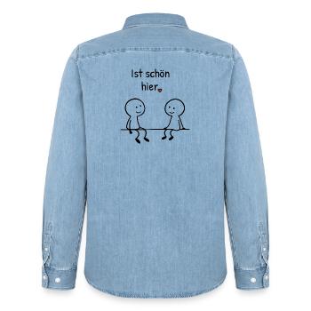 Ist schön hier. | Zwei Figuren mit Herz - Männer Jeanshemd Organic von Stanley/Stella - verwaschenes Hellblau - Hinten - AI Model Male 185 light (185cm)
