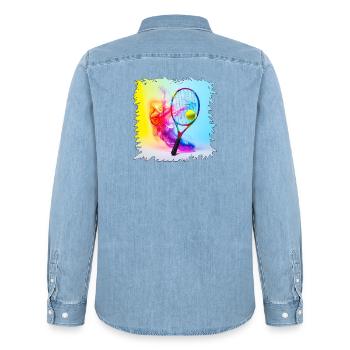 Farbenexplosion Tennisracket - Männer Jeanshemd Organic von Stanley/Stella - verwaschenes Hellblau - Hinten - AI Model Male 185 light (185cm)